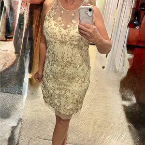 Aidan Mattox Beige Floral Midi Dress
